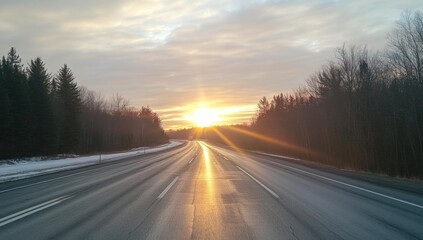 Sunrise Highway Serenity: A Winter's Dawn on an Empty Road