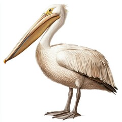 Fototapeta premium A white pelican stands gracefully, showcasing its distinctive long beak and fluffy feathers, embodying elegance in avian form.