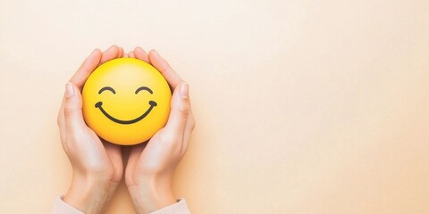 A pair of hands gently holds a yellow smiley face, symbolizing happiness and positivity against a light background.