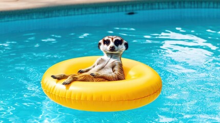 A relaxed meerkat lounges on a yellow float in a bright blue pool, enjoying a sunny day by the water.