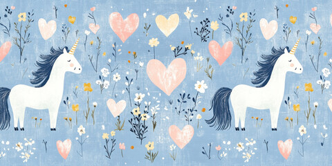 Cute unicorns surrounded by flowers and hearts on blue background create whimsical and joyful atmosphere. This playful design is perfect for children decor or party themes