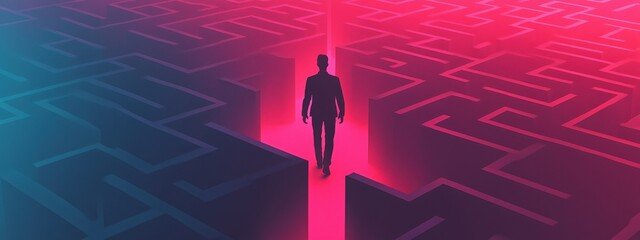 Person Walking Through Neon Maze with Vibrant Colors and Abstract Patterns Symbolizing Journey and Discovery