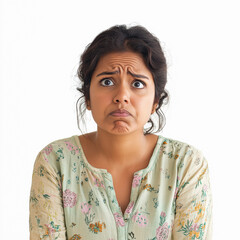 young indian woman with tired expression on white background