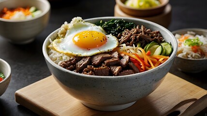 A steaming hot Korean bibimbap bowl with rice, assorted vegetables, beef, and a sunny-side-up egg. 