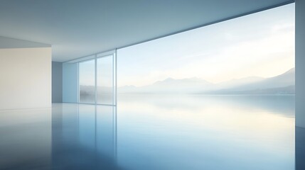 Fototapeta premium Minimalist Room Overlooking Serene Lake And Mountains