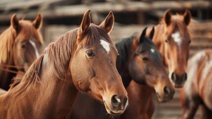 Obraz premium Horses gathered ranch barn background rural livestock