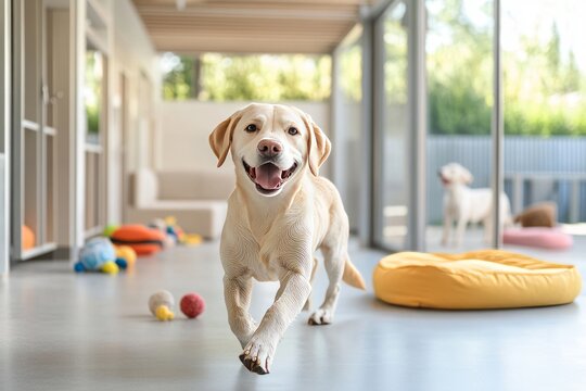 A happy Labrador playing in a spacious, luxurious pet boarding facility with colorful toys, soft beds, and other dogs nearby