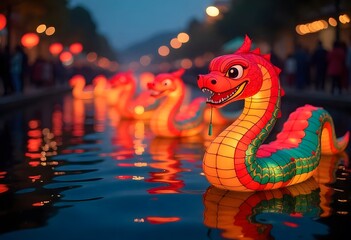 Fototapeta premium Illuminated Dragon Boats: A Festive Nighttime Spectacle