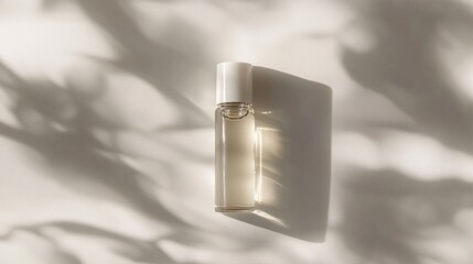 Elegant perfume bottle casting soft shadows on a light background