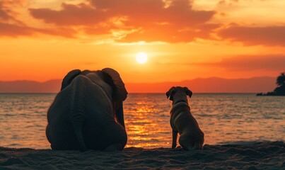 Elephant and Dog Watching Sunset on Beach, Unlikely Friendship, Concept of Peace and Companionship, Tranquil Seaside Evening, Inspirational Animal Moment, Generative AI