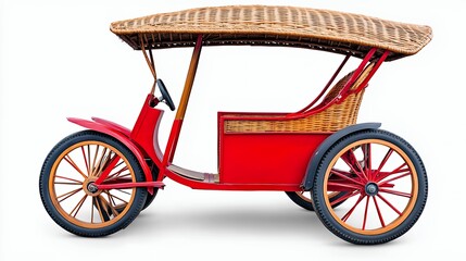 Naklejka premium Vintage tricycle with wooden canopy in vibrant red color showcasing classic design and handcrafted details