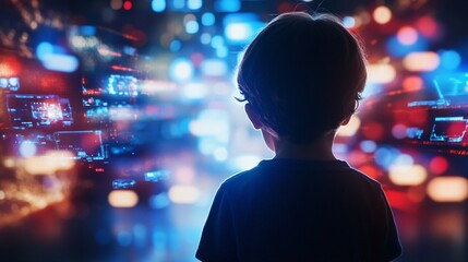 Child Observing Colorful Digital Display in Futuristic Environment