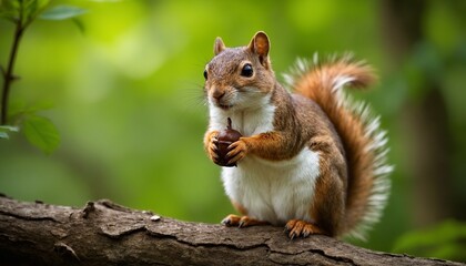 Obraz premium Squirrel holding an acorn on a tree branch in a forest