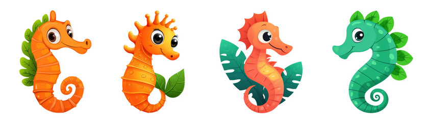 Fototapeta premium Colorful cartoon seahorses with unique designs and vibrant expressions, surrounded by leaves