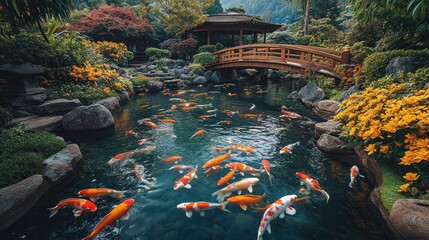 Koi pond, garden bridge, autumn foliage, serene zen landscape, tranquil Asian getaway