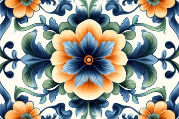 Amalfi flowers design, colours palette of blue, orange, green, seamless