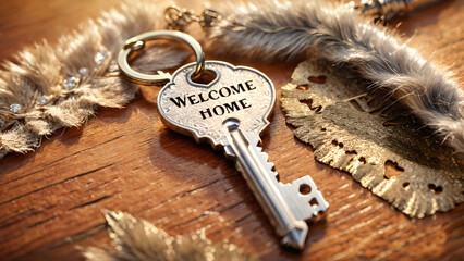Welcome home wording engraved on a key.
