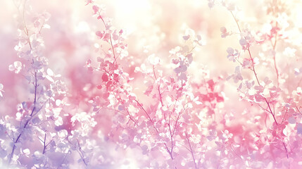 Obraz premium Pastel blossoms, sunlit garden, bokeh background, spring