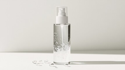 Clear Cosmetic Bottle with White Liquid and Bubbles on Surface