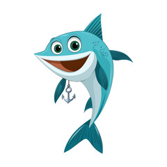 Obraz premium Happy cartoon swordfish with big smile holding tiny anchor, expressing joy