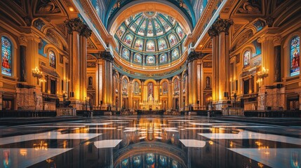 Obraz premium Cathedral interior, dome, stained glass, worship, reflection, peace, architecture, travel