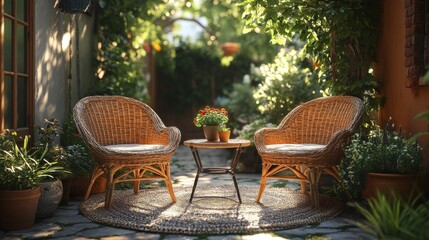 Obraz premium Two wicker chairs and small table on a patio rug in a sunlit garden.