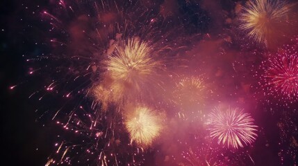 New Year 2025 fireworks display. Night sky illuminated with colorful fireworks. Emphasizing celebration and festivity. Ideal for holiday-themed decorations.