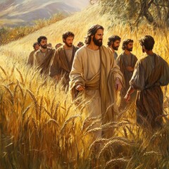 Men walking through golden wheat fields while engaging with each other during a sunny day in a rural setting. Generative AI