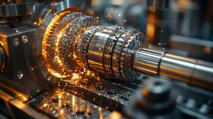Naklejka premium Close-up of industrial machine machining metal gears with sparks.