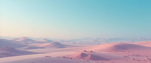 Surreal pastel desert landscape with soft pink dunes and a clear blue sky creating a serene dreamscape