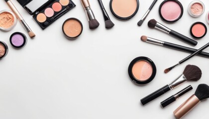 Makeup set with brushes, powder, and colorful cosmetics for a glamorous beauty look