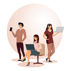 Young Professionals Collaborating in Modern Workspace with Laptops and Mobile Devices.