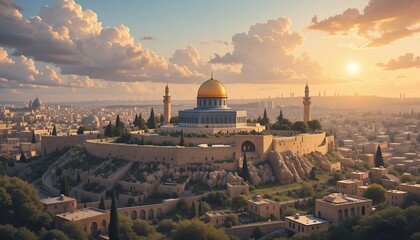 Fototapeta premium A stunning aerial view of the Dome of the Rock at sunset with the city behind it