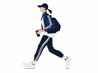 A young person in sportswear, wearing a hat and walking, with a simple background, in a flat illustration style, character design