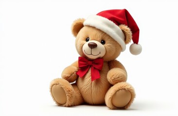Adorable teddy bear with santa hat and red bow on white background