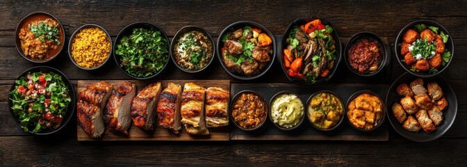 An Abundant Spread of Delicious Dishes Featuring Grilled Meats, Colorful Vegetables, Fluffy Rice, Fresh Salads, and Flavorful Sides on a Rustic Wooden Table