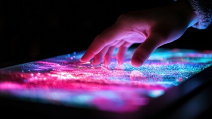 Fototapeta premium A human finger scrolling through an illuminated holographic touchscreen, symbolizing advanced interactivity.