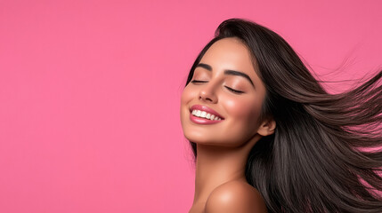 Fototapeta premium young indian woman standing with long straight hair on pink background