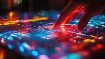 A human finger scrolling through an illuminated holographic touchscreen, symbolizing advanced interactivity.