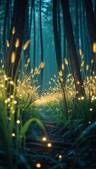 Fototapeta premium Ghiblilike dreamy forest edge with glowing reeds on anime background