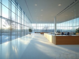 Sunlit modern office lobby with expansive windows.