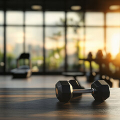 Black desk of free space for your decoration and blurred gym interior. Metal dumbbells and fit life.