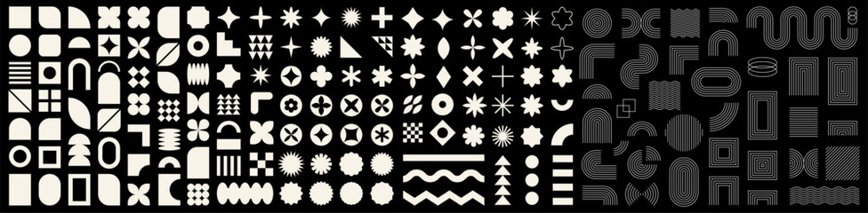Set of abstract graphic element. Geometric shapes. Memphis design, sticker pack, y2k,  aesthetics, brutalism, retro elements, vintage. Vector illustration with wavy and zig zag elements.