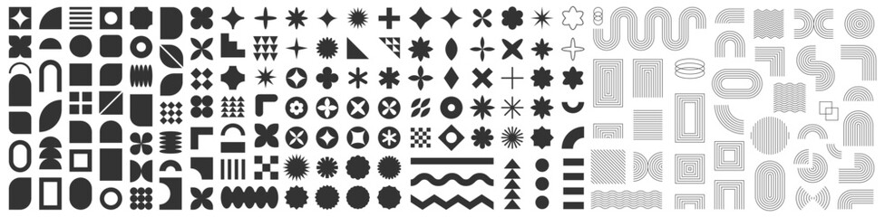 Set of abstract graphic element. Geometric shapes. Memphis design, sticker pack, y2k,  aesthetics, brutalism, retro elements, vintage. Vector illustration with wavy and zig zag elements.