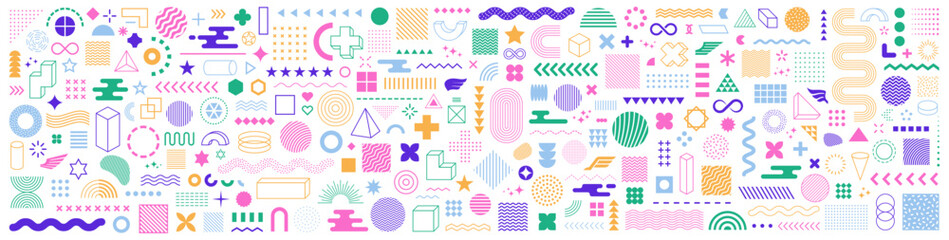 Obraz premium Set of abstract graphic element. Geometric shapes. Memphis design, sticker pack, y2k, aesthetics, brutalism, retro elements, vintage. Vector illustration with wavy and zig zag elements.