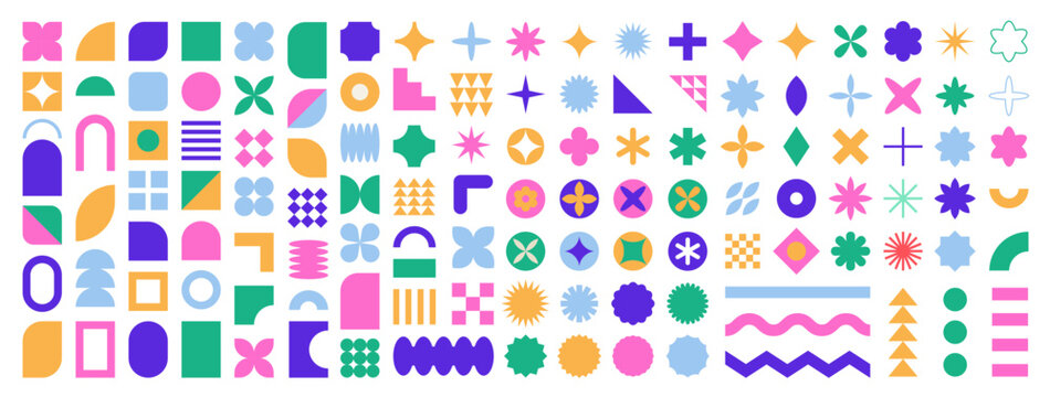 Set of abstract graphic element. Geometric shapes. Memphis design, sticker pack, y2k,  aesthetics, brutalism, retro elements, vintage. Vector illustration with wavy and zig zag elements.