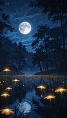 Moonlit trees and fireflies surrounding serene lake on anime background