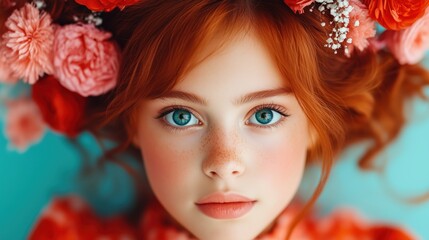 Naklejka premium Young girl with striking blue eyes surrounded by vibrant flowers on a blue background