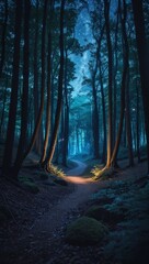 Fototapeta premium Serene magical forest illuminated by starlit canopy dreamy on anime background