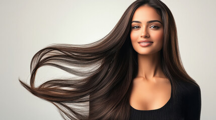 young indian woman standing with black straight wavy hair on white background